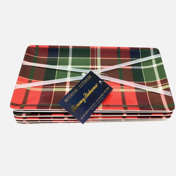 x6 TOMMY BAHAMA Red Tartan Plaid Melamine Appetizer Snack Plate Set Christmas - Picture 2 of 3